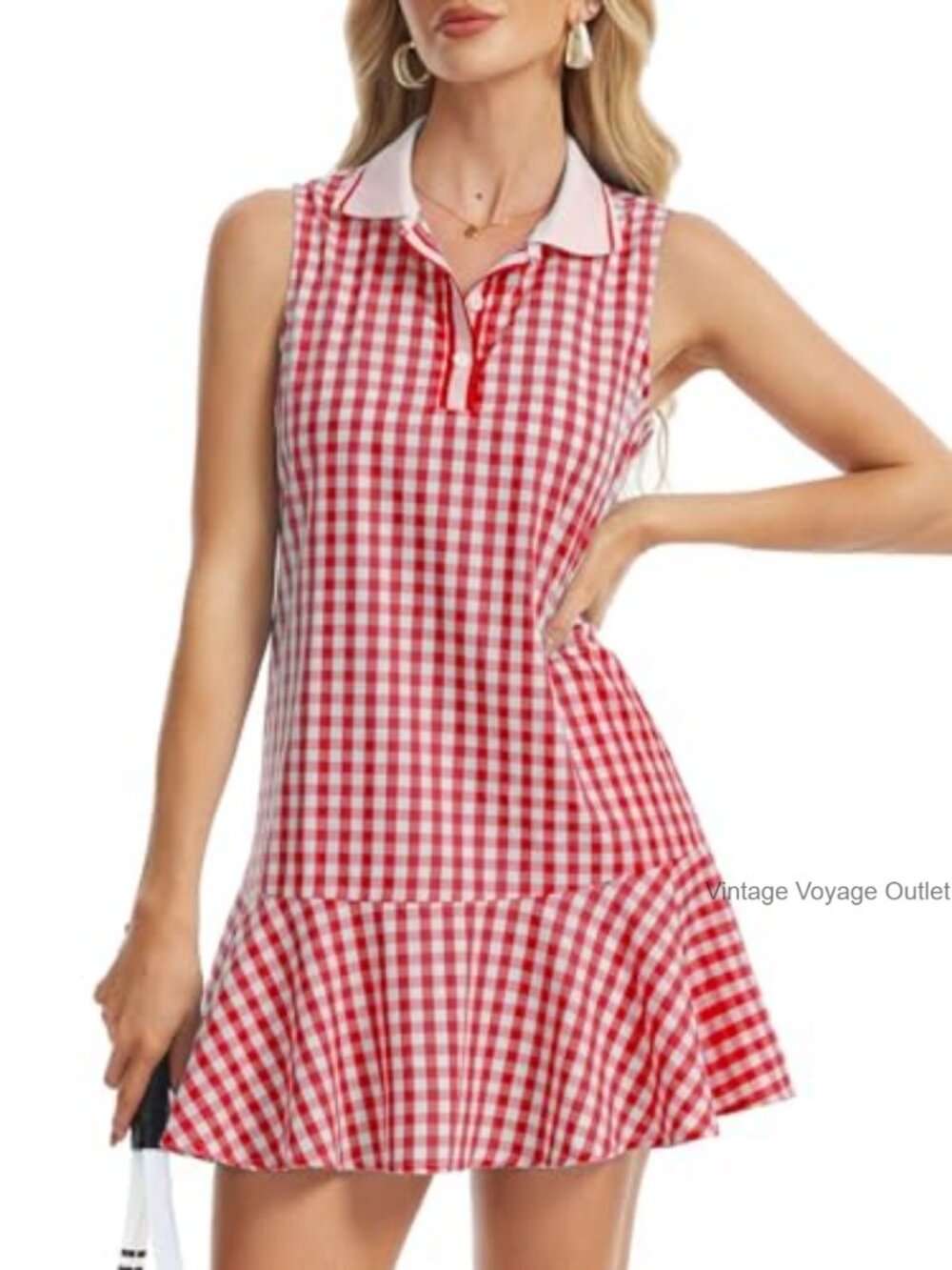 Women's Gingham Polo Dress V Neck Sleeveless Plaid Tennis Dress Ruffled Hem - Picture 3 of 7
